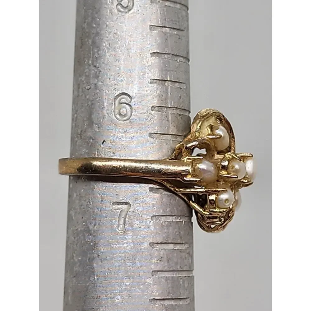 Vintage Genuine Pearl Rhinestone Cluster Cocktail Ring Floral Gold Plate Sz 6.75